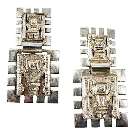 Vintage Signed HAB Sterling Silver Mesoamerican Screwback Earrings