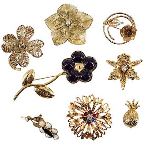 Eight Vintage Gold Tone Flower Brooches, incl. Sarah Coventry