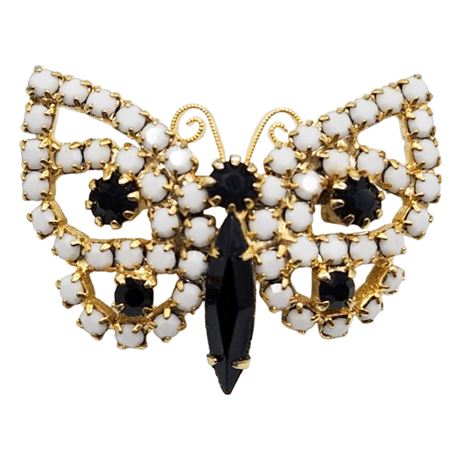 Vintage Black & White Rhinestone Butterfly Brooch