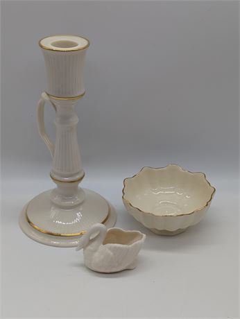 Lot 3 Lenox China Pieces - Candlestick, Swan, & Footed Bowl