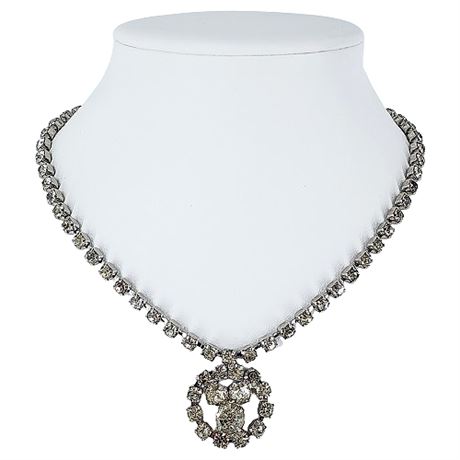 Vintage Prong Set Rhinestone Circle Drop Necklace