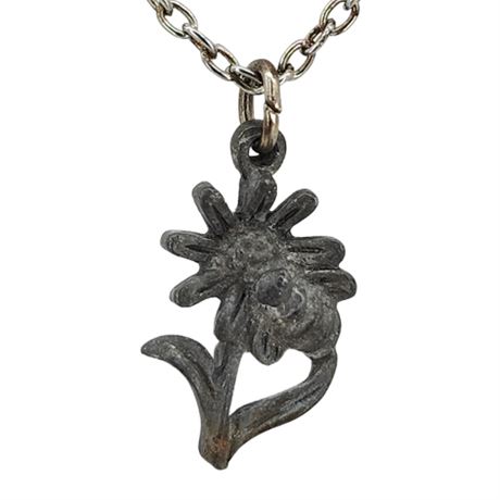 Vtg Pewter Daisy & Bee Pendant Necklace