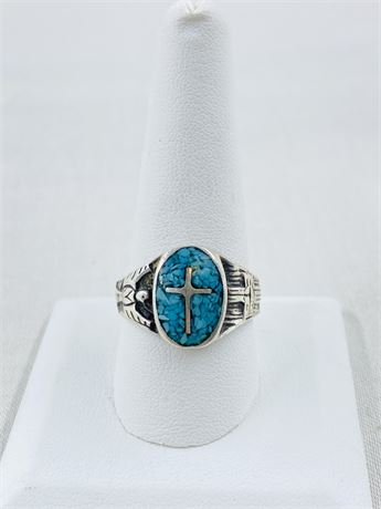 7.7g Vintage Turquoise Mosaic Christian Sterling Ring Size 10.5