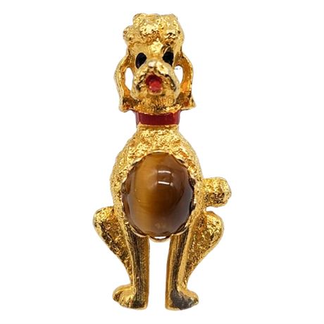 Vintage Gold Tone Poodle w/ Tiger's Eye Jelly Belly Brooch