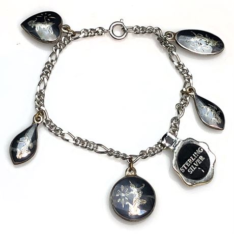 Vintage Siam Niello Enamel Thai Goddess Sterling Silver Charms on Bracelet
