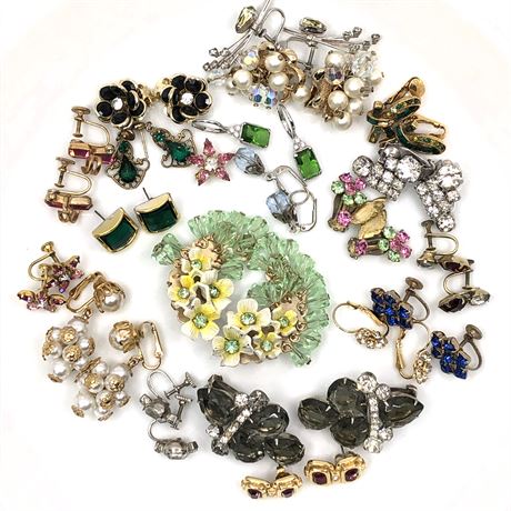 Vintage Jewelry Lot- Rhinestone Earrings, Yellow Flower, Pink Flower