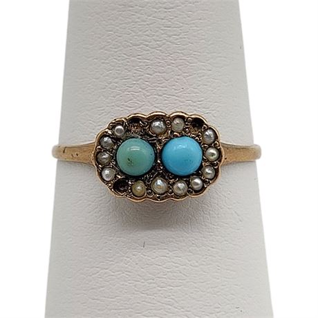 Victorian 12K Gold Turquoise & Seed Pearl Ring, Sz 6.5