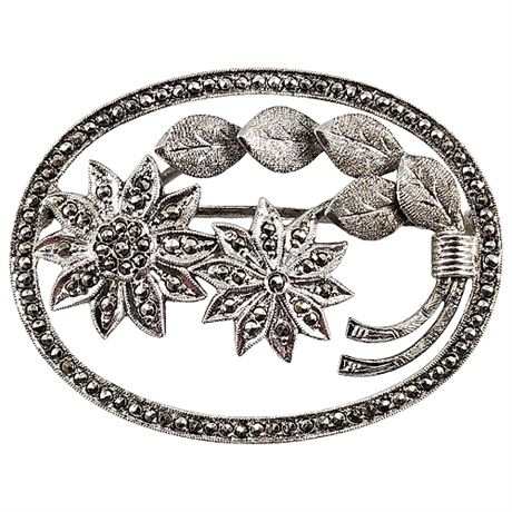 Vintage Sterling Silver Marcasite Flowers Oval Brooch