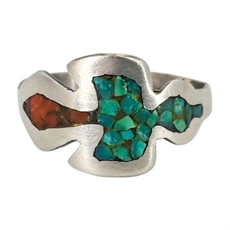 Vintage Native American Sterling Silver Inlaid Turquoise & Coral Bird Ring, Sz 8