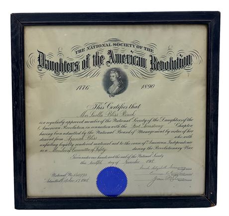 Daughters of the American Revolution c1918 Framed Admission Certificate