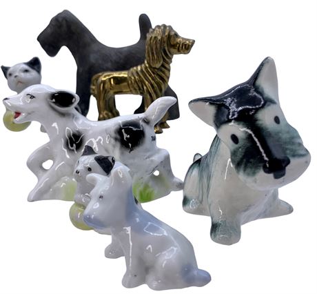 11 Miniature Porcelain & Wood Dog & Cat Toy Animal Figurines