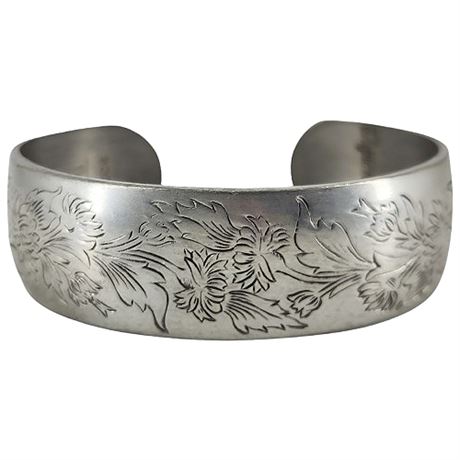Signed Vintage KIRK Pewter November Flower Chrysanthemum Cuff Bracelet