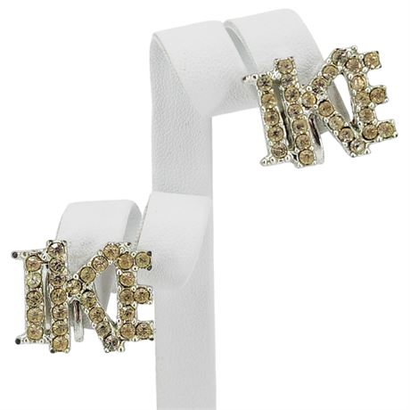 Vintage Signed Clear Rhinestone "IKE" Eisenhower Screwback Earrings