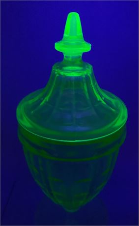 1930s Hazel Atlas Green Uranium Glow Spire Lidded Candy Jar