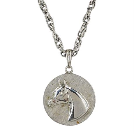 Vintage Silver Tone Horse Head Medallion Pendant Necklace