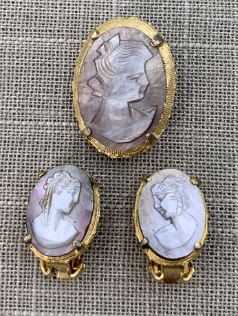 Hand Carved Mother of Pearl Cameo Earrings & Brooch