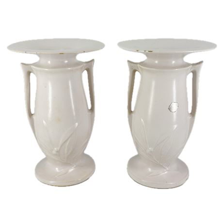 Vintage Pair of 1930's Roseville Pottery White Velmoss Handled Vases