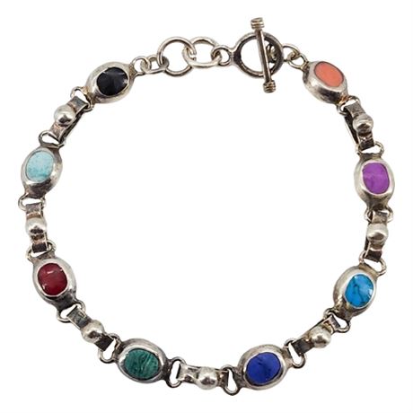 Vtg Mexico Made Sterling Silver Multi-Stone Bracelet