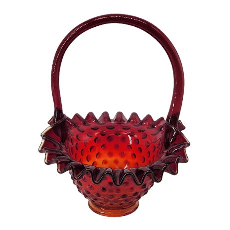 Vintage Ruby Red Fenton Hobnail Glass Basket