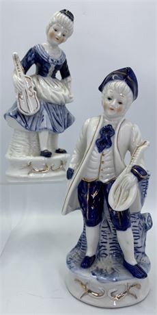 Pair of Vintage Porcelain Blue & Cream Colonial Musician Couple Statues