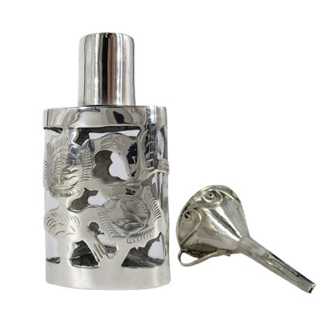 VTG Small Perfume Bottle with Sterling Silver Overlay & Funnel Signed Mexico LHM