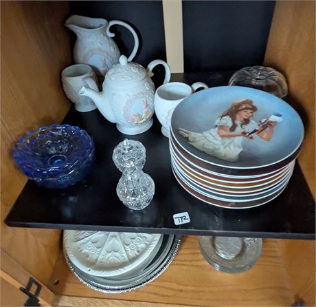 Multiple Shelf Buy-out - decorative plates, glass, bunny teapot, etc.