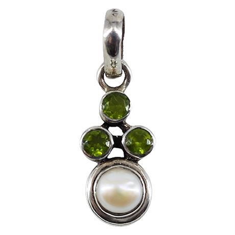 Signed Sterling Silver Pearl & Faux Peridot Pendant