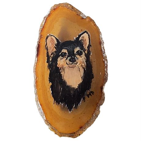 Vintage Hand Painted Pet Portrait on Agate Slice Brooch