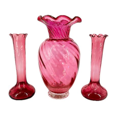 Vintage Lot of Cranberry Glass Swirl Vases
