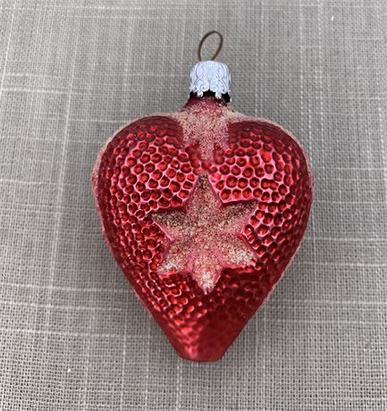 West Germany Dimpled Ruby Mercury Glass Star Indent Heart Ornament