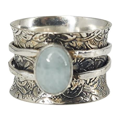 Sterling Silver & Aquamarine Spinner Ring, Sz 6