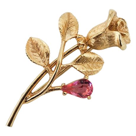 Vintage AVON Gold Tone Rose Brooch w/ Pink Rhinestone Accent