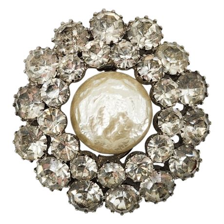 Vintage Prong Set Clear Rhinestone & Textured Faux Pearl Brooch
