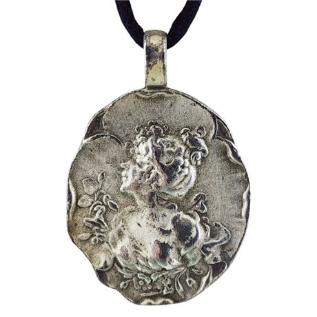 Vintage Silver Tone Gibson Girl Pendant on Black Satin Cord