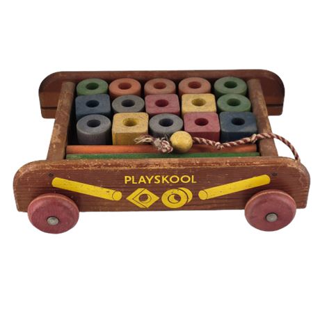 1950s Child's PLAYSKOOL Pull Toy Wood Wagon with Wood Blocks