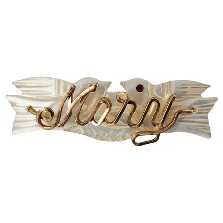 Gold Filled Wire & Carved Mother of Pearl Birds "Mary" Name Brooch