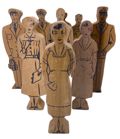 9 c1950s Children’s Wooden Toy Figures: Fireman, Pilot, Milkman