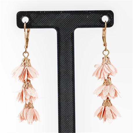 Blush Pink Fabric Tiered Flower Earrings – Gold-Tone Leverbacks – Soft Boho