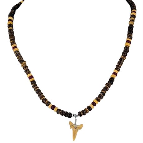 Vintage Wooden Bead Shark Tooth Necklace