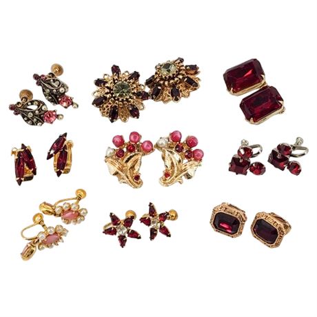 Nine Pairs Vintage Gold Tone Red/Pink Rhinestone Clip Earrings