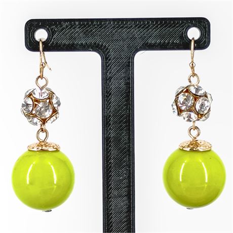Lime Green Bead & Crystal Drop Earrings – Bold Statement Dangle
