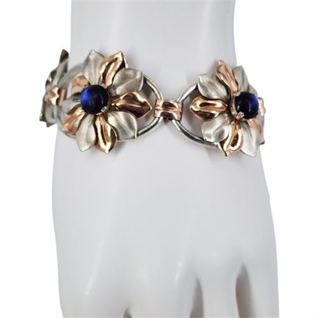 Signed Kreisler Silver/Copper Blue Moonglow Flower Bracelet