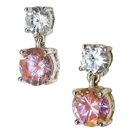 Signed Sterling Silver Pink & Clear CZ Stud Earrings