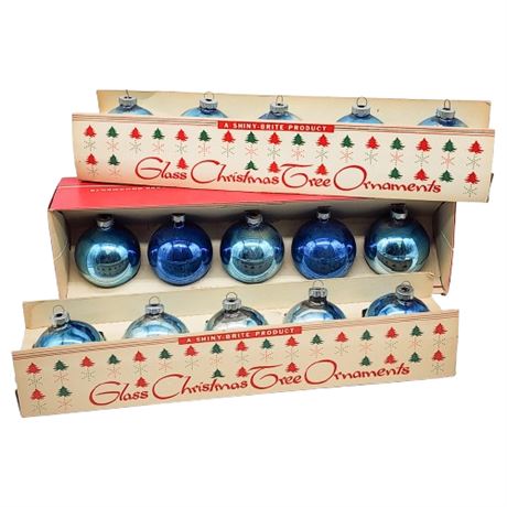 Vintage Shiny Brite & Sears Blue Glass Bulb Ornaments in Original Boxes