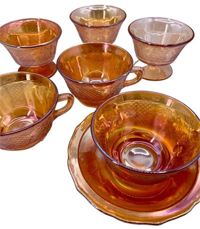 10 pc Federal Glass Sunburst Iridescent Bowl, Sherbet, Cup Lot