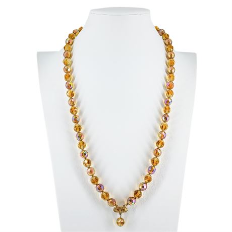 Vintage Amber Aurora Borealis Faceted Crystal Bead Necklace