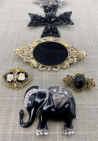 6 Vintage Raven Black Costume Jewelry Brooches