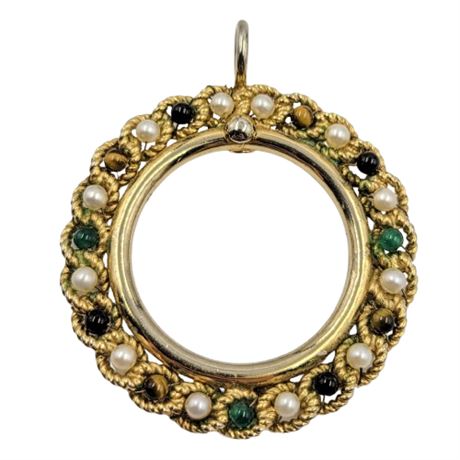 Vintage Gold Tone Circle Pendant with Genuine Pearl, Tiger's Eye and Glass Beads