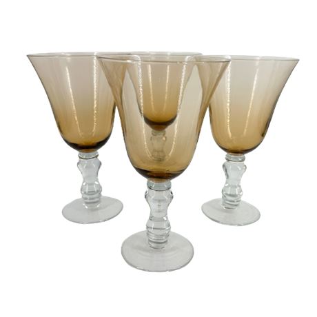 Lot of Hand Blown Amber Glass Wine Goblets
