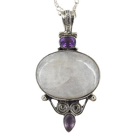 Sterling Silver Moonstone & Amethyst Pendant Necklace